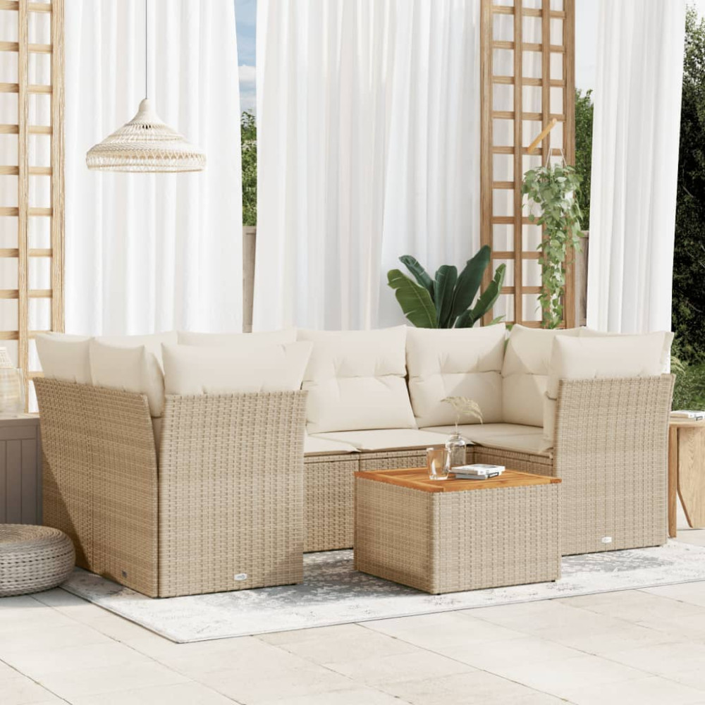 Produktbild för Matgrupp för trädgården med dynor 7 delar beige konstrotting
