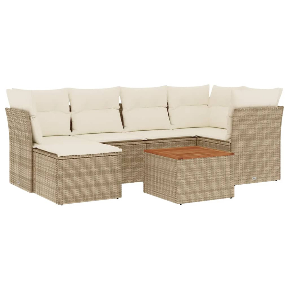 Produktbild för Matgrupp för trädgården med dynor 7 delar beige konstrotting