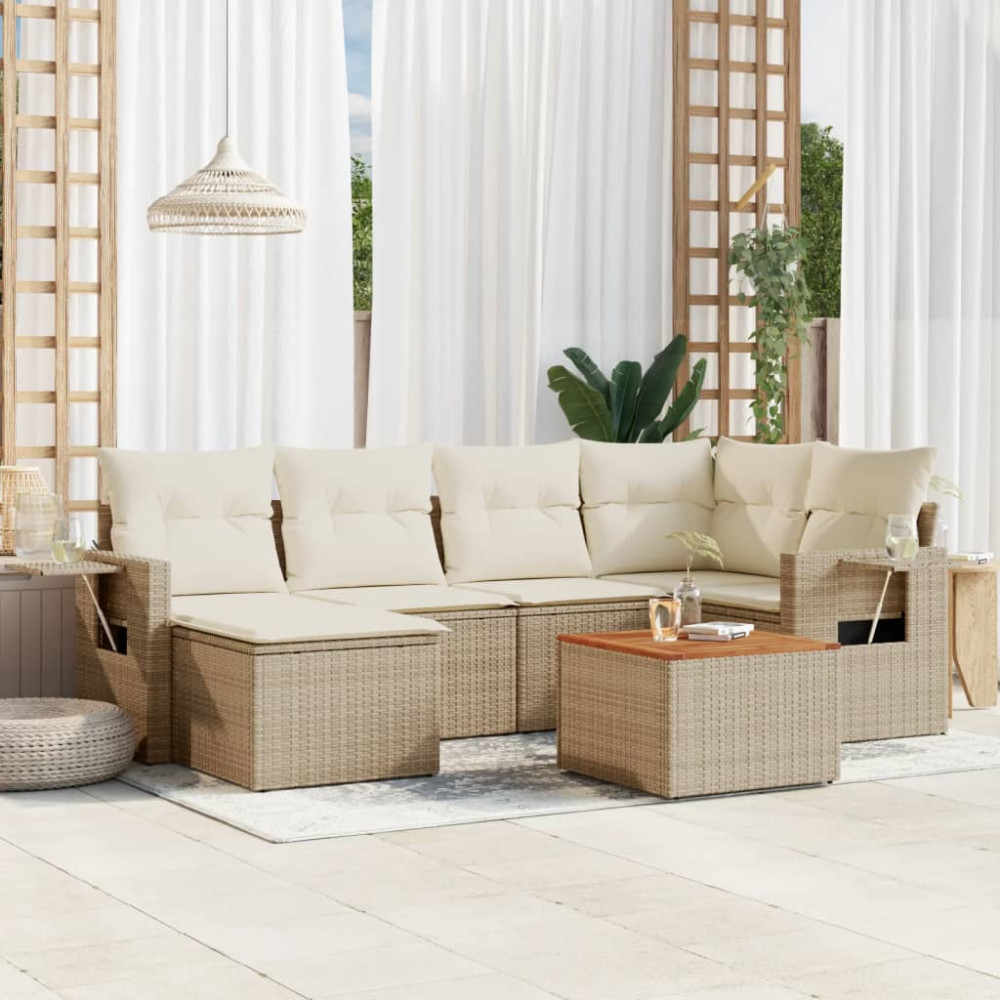 Produktbild för Matgrupp för trädgården med dynor 7 delar beige konstrotting