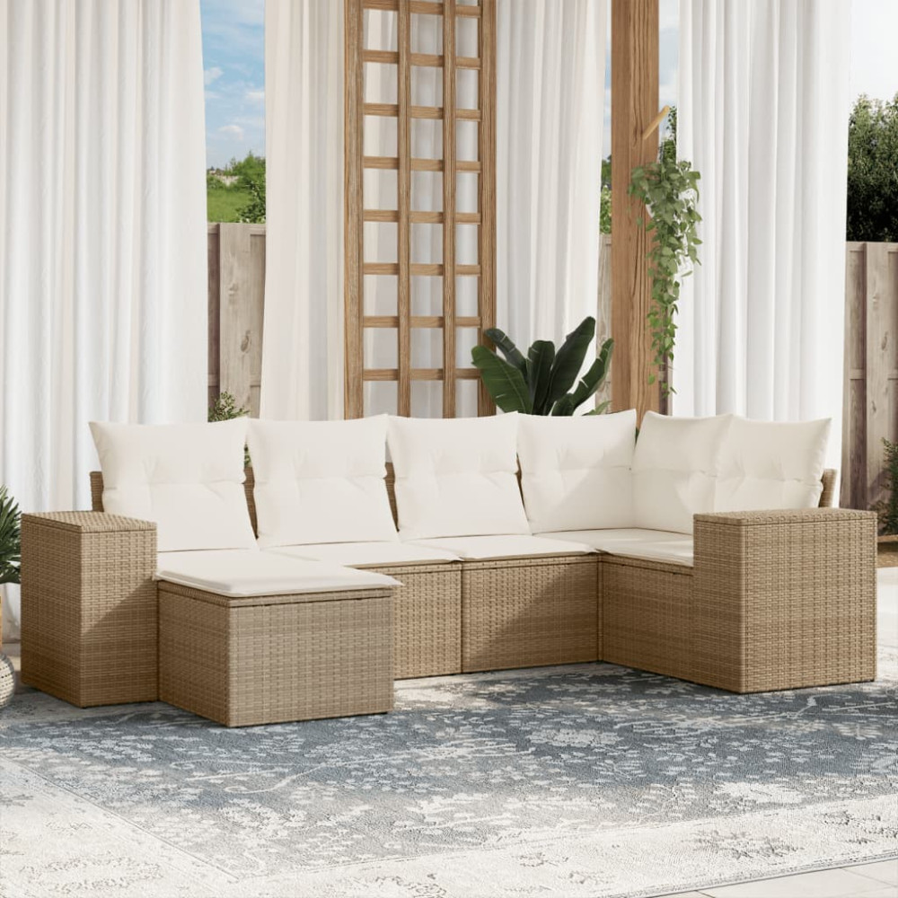 Produktbild för Soffgrupp för trädgården med dynor 6 delar beige konstrotting