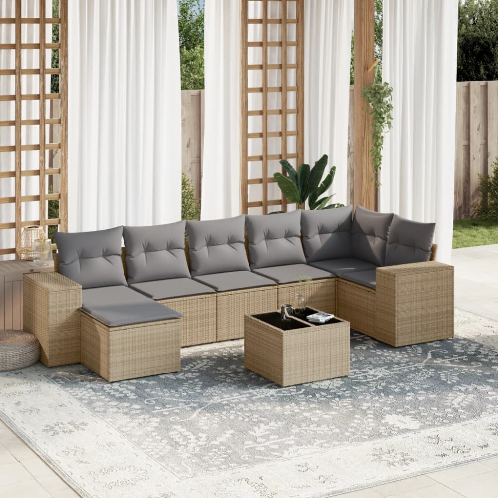 Produktbild för Matgrupp för trädgården med dynor 8 delar beige konstrotting