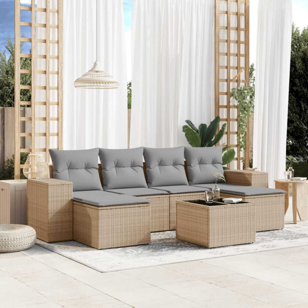 Produktbild för Matgrupp för trädgården med dynor 7 delar beige konstrotting