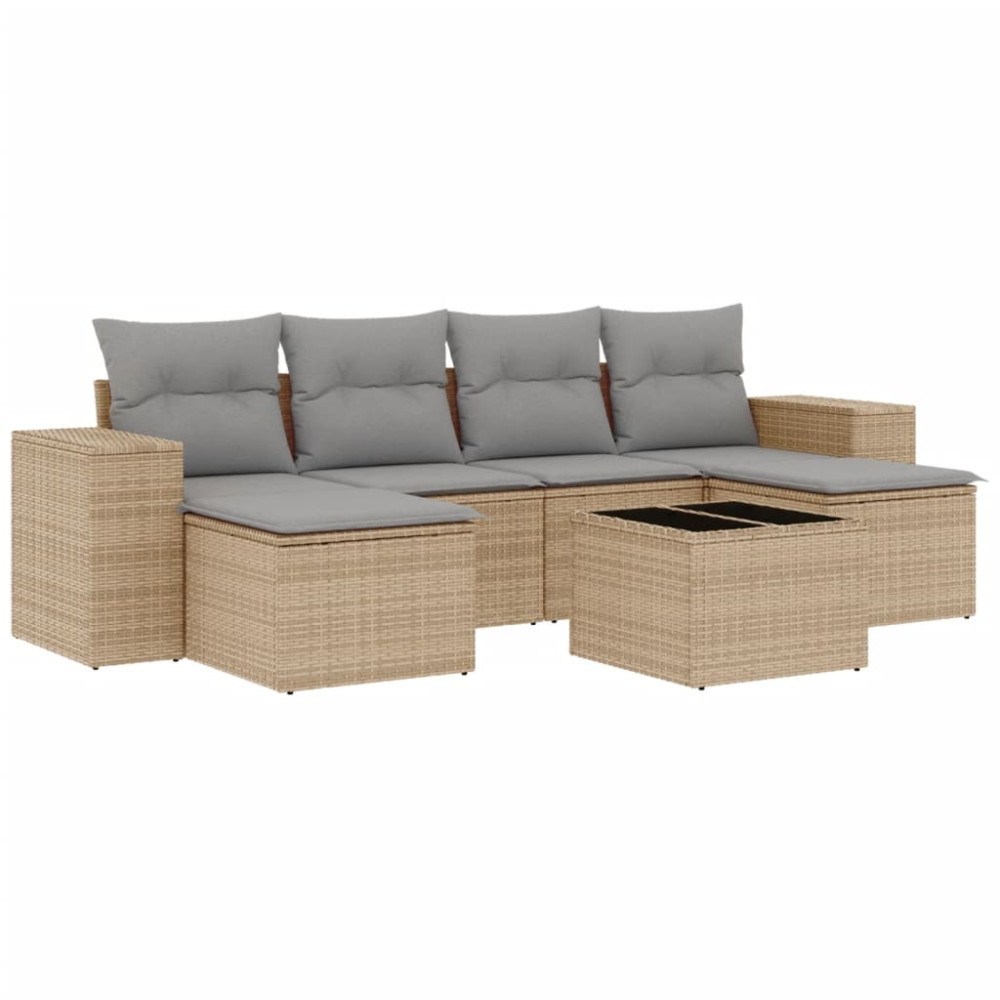 Produktbild för Matgrupp för trädgården med dynor 7 delar beige konstrotting