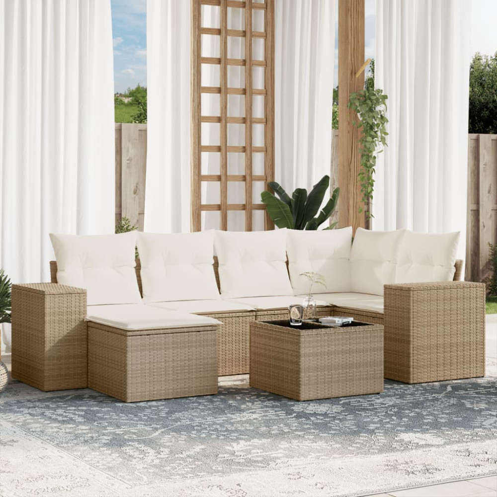 Produktbild för Matgrupp för trädgården med dynor 7 delar beige konstrotting