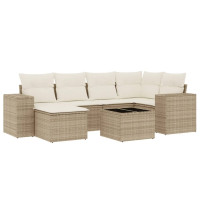 Produktbild för Matgrupp för trädgården med dynor 7 delar beige konstrotting
