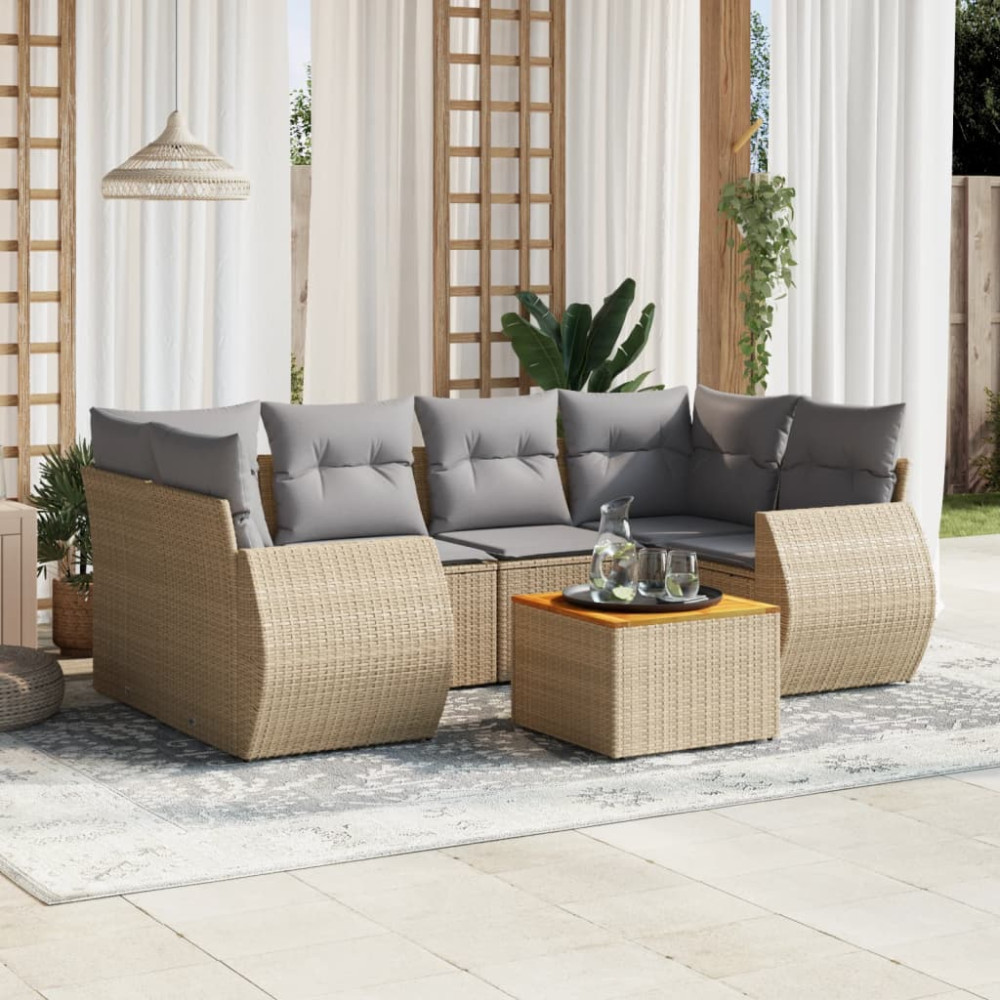 Produktbild för Matgrupp för trädgården med dynor 7 delar beige konstrotting