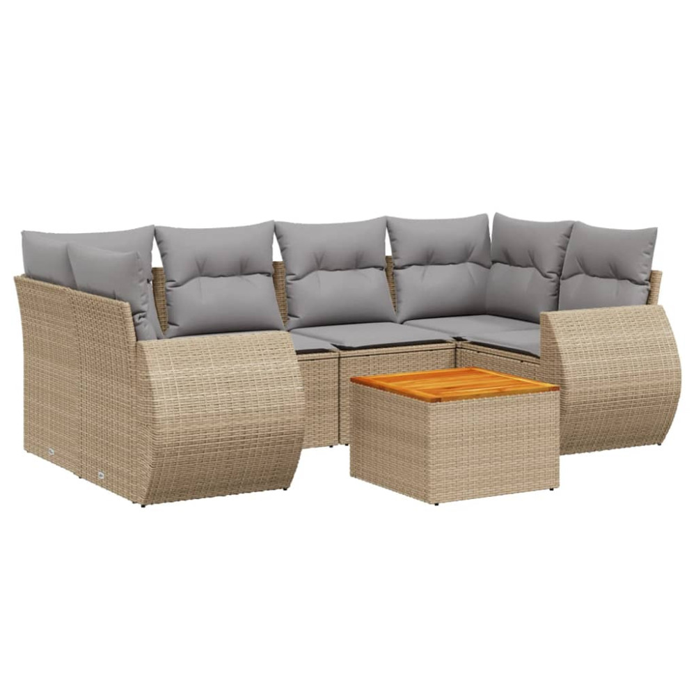 Produktbild för Matgrupp för trädgården med dynor 7 delar beige konstrotting