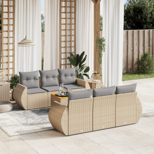vidaXL Matgrupp för trädgården med dynor 7 delar beige konstrotting