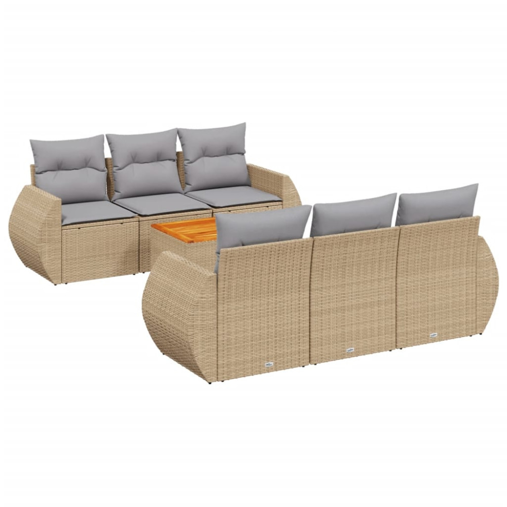 Produktbild för Matgrupp för trädgården med dynor 7 delar beige konstrotting