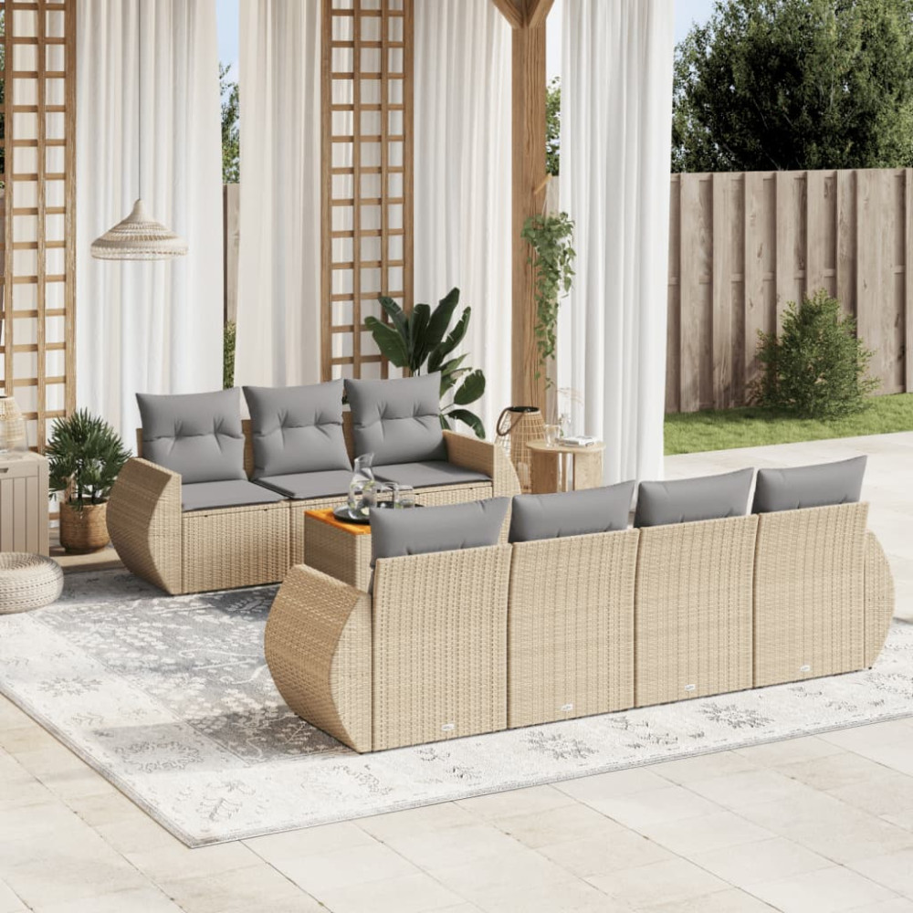 Produktbild för Matgrupp för trädgården med dynor 8 delar beige konstrotting