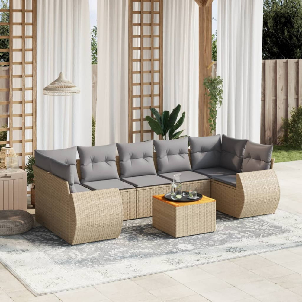 Produktbild för Matgrupp för trädgården med dynor 8 delar beige konstrotting