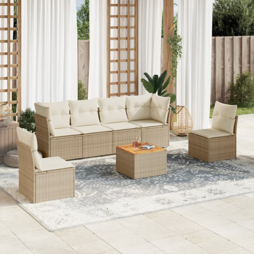 vidaXL Matgrupp för trädgården med dynor 7 delar beige konstrotting