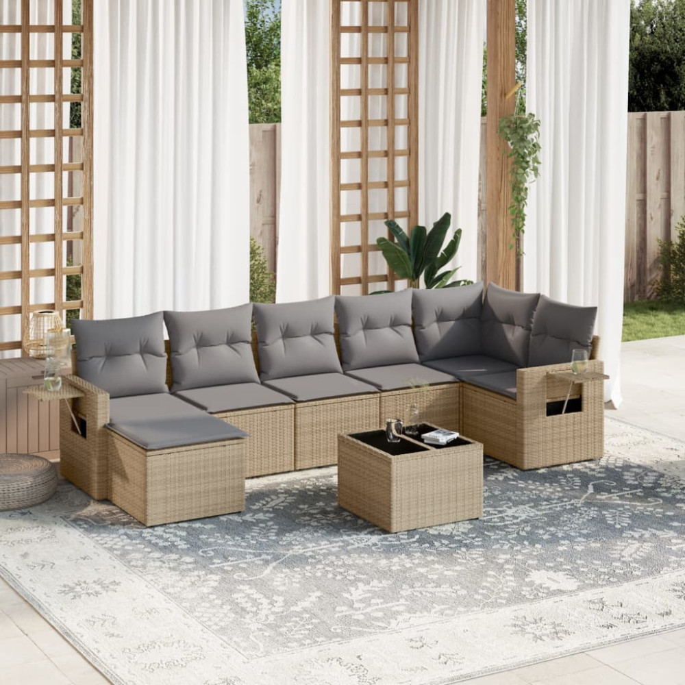 Produktbild för Matgrupp för trädgården med dynor 8 delar beige konstrotting