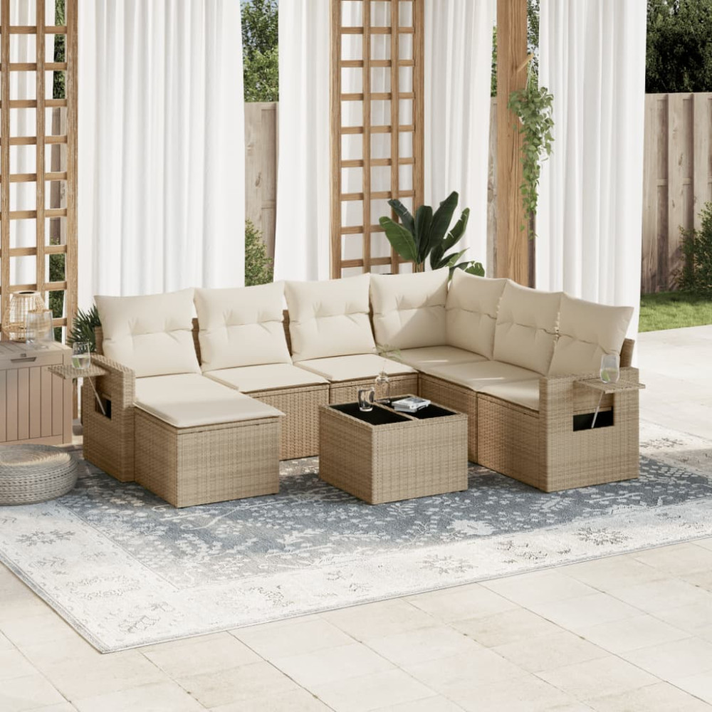 Produktbild för Matgrupp för trädgården med dynor 8 delar beige konstrotting