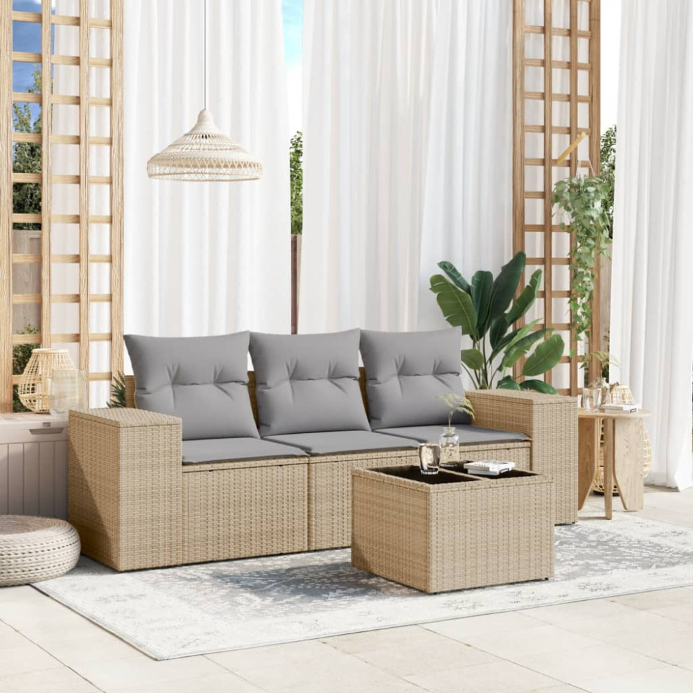 Produktbild för Soffgrupp för trädgård med dynor 4 delar beige konstrotting
