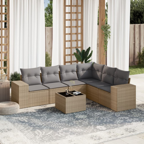 vidaXL Matgrupp för trädgården med dynor 7 delar beige konstrotting