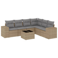Produktbild för Matgrupp för trädgården med dynor 7 delar beige konstrotting