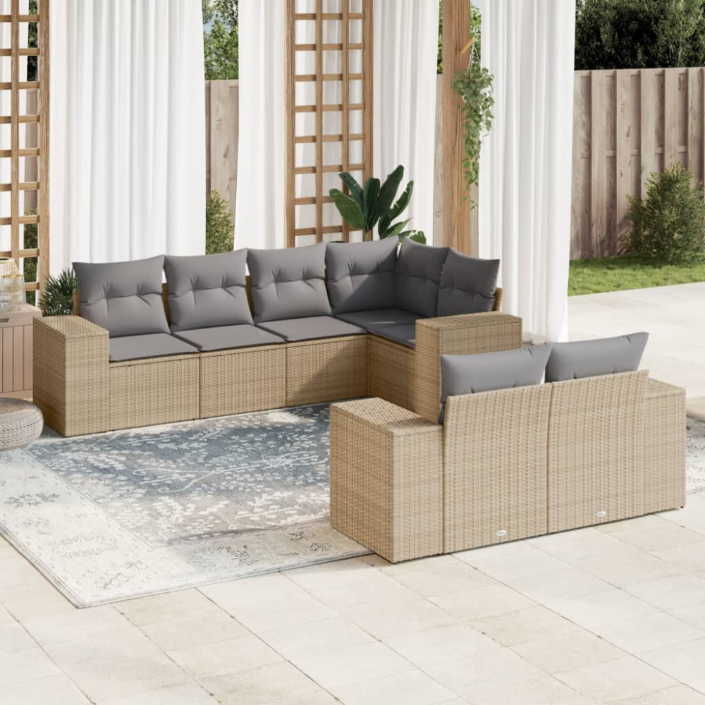 Produktbild för Matgrupp för trädgården med dynor 7 delar beige konstrotting