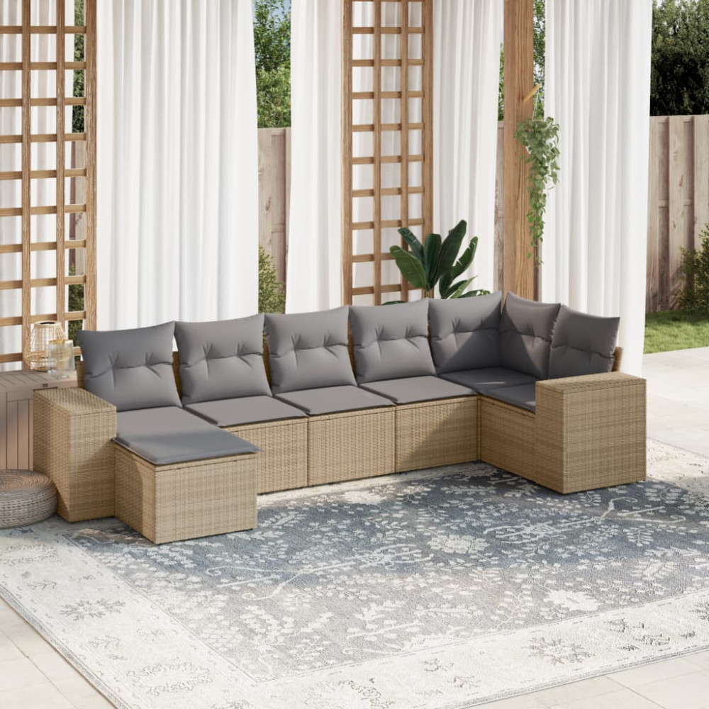Produktbild för Matgrupp för trädgården med dynor 7 delar beige konstrotting