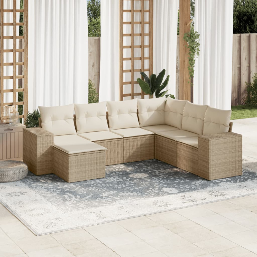Produktbild för Matgrupp för trädgården med dynor 7 delar beige konstrotting