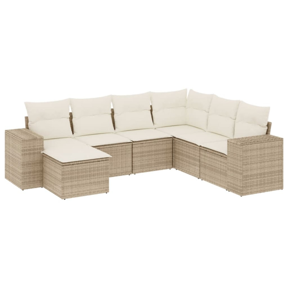 Produktbild för Matgrupp för trädgården med dynor 7 delar beige konstrotting