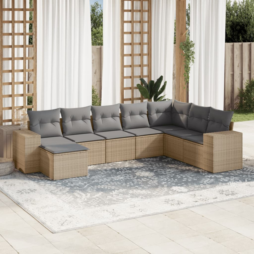 Produktbild för Matgrupp för trädgården med dynor 8 delar beige konstrotting
