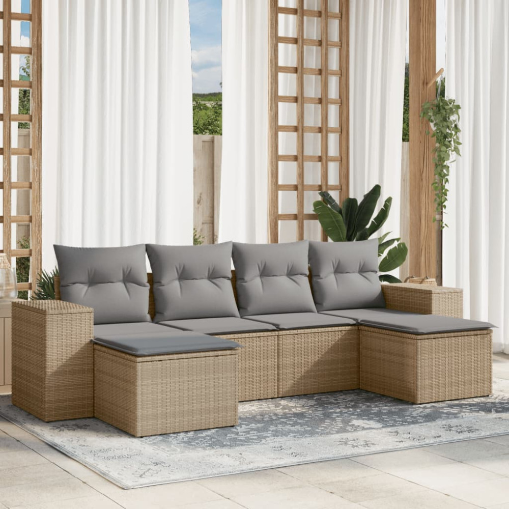 Produktbild för Soffgrupp för trädgården med dynor 6 delar beige konstrotting