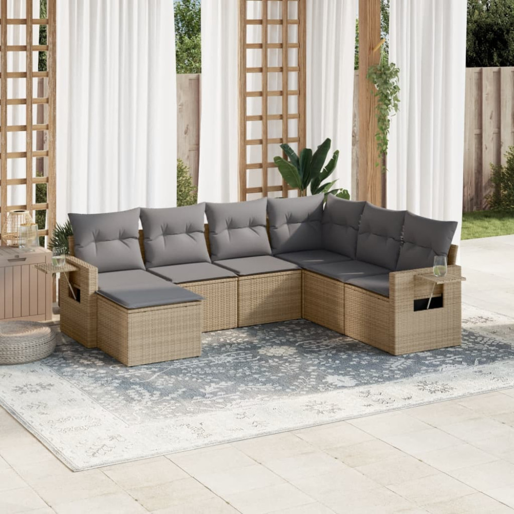 Produktbild för Matgrupp för trädgården med dynor 7 delar beige konstrotting