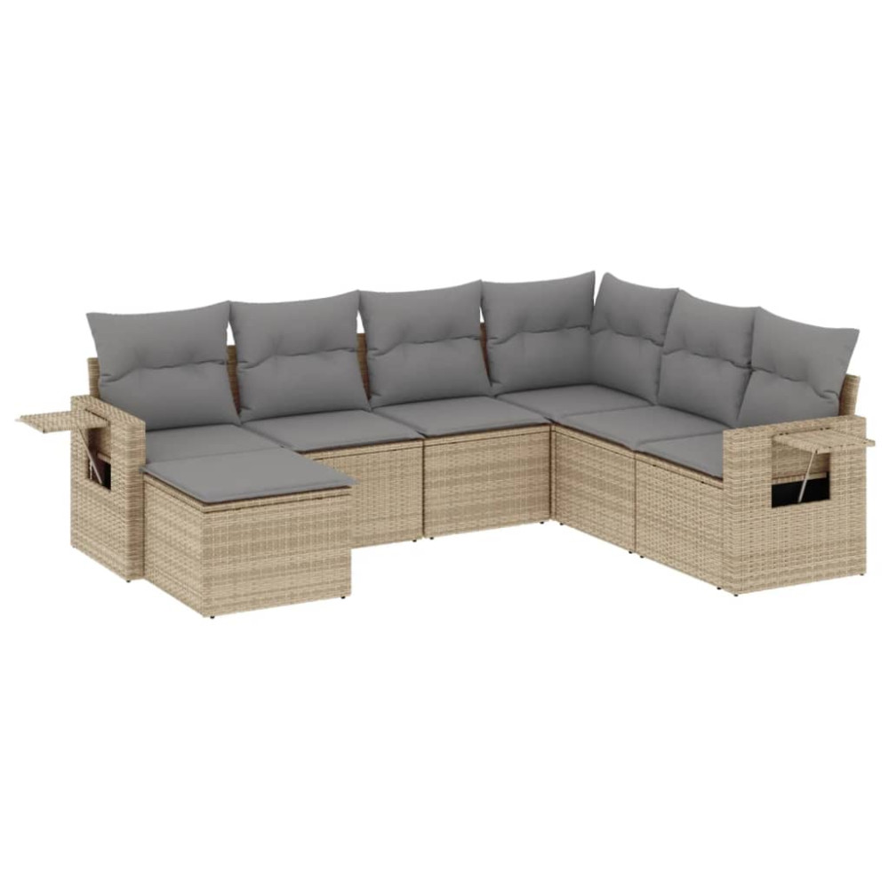 Produktbild för Matgrupp för trädgården med dynor 7 delar beige konstrotting