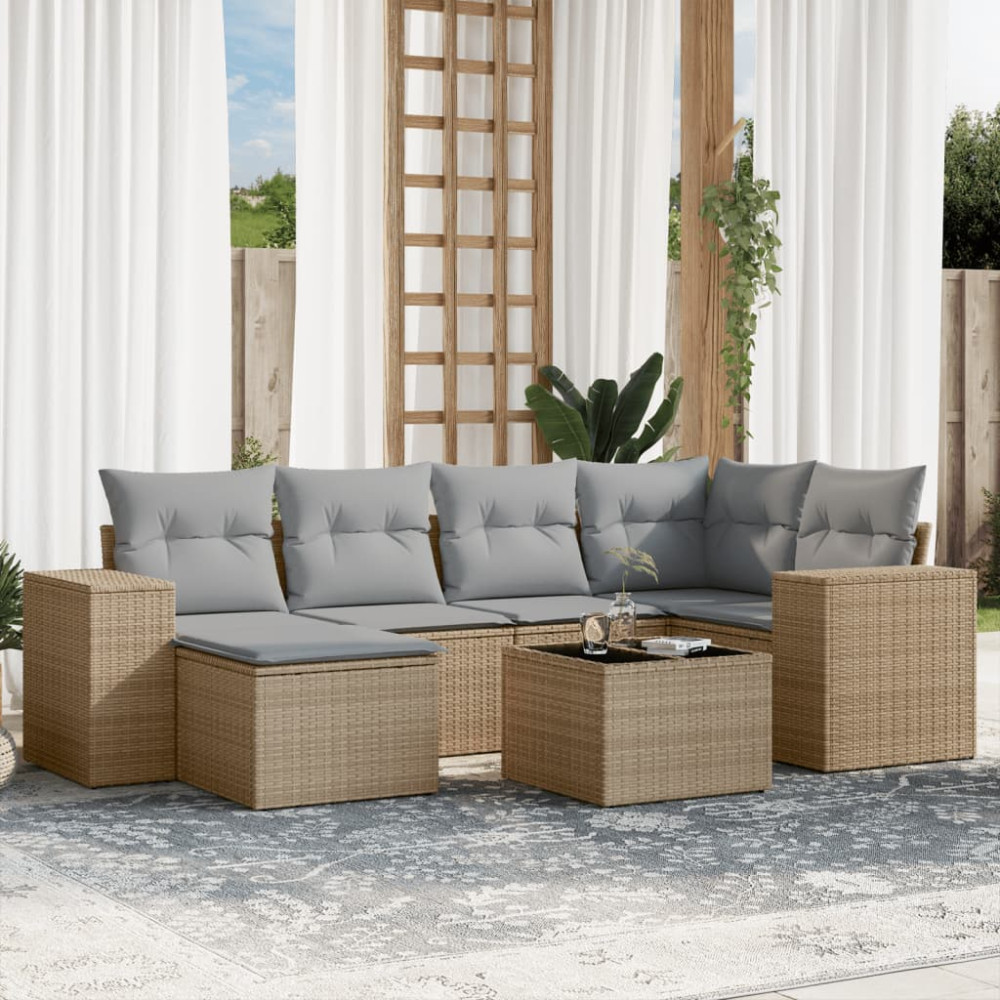 Produktbild för Matgrupp för trädgården med dynor 7 delar beige konstrotting
