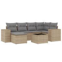 Produktbild för Matgrupp för trädgården med dynor 7 delar beige konstrotting
