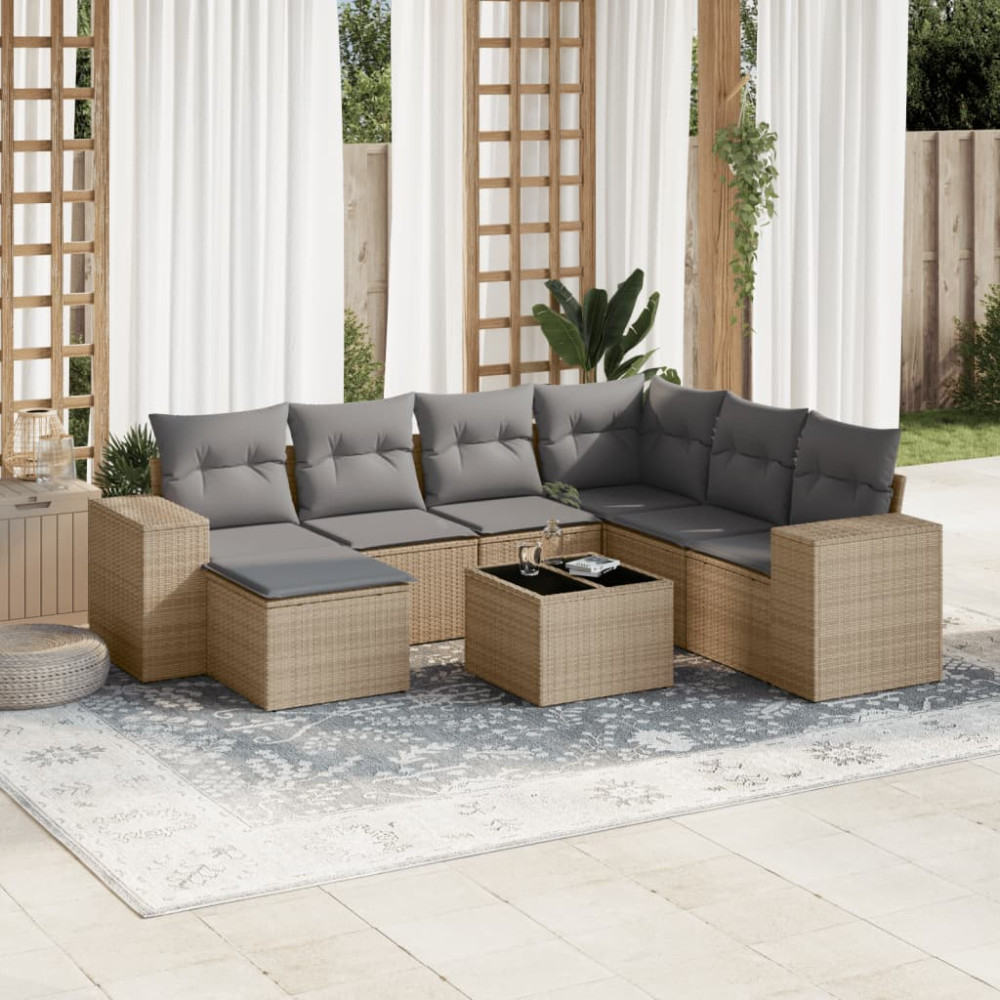 Produktbild för Matgrupp för trädgården med dynor 8 delar beige konstrotting
