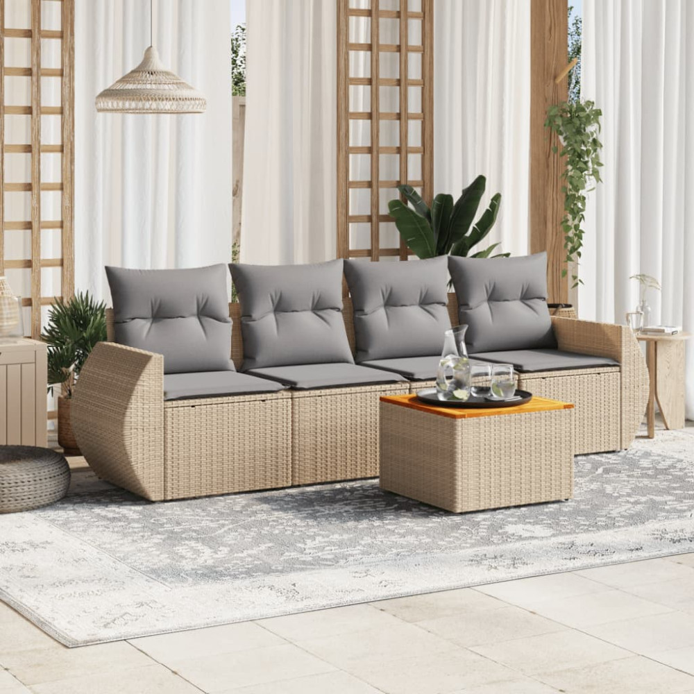 Produktbild för Soffgrupp för trädgården med dynor 5 delar beige konstrotting