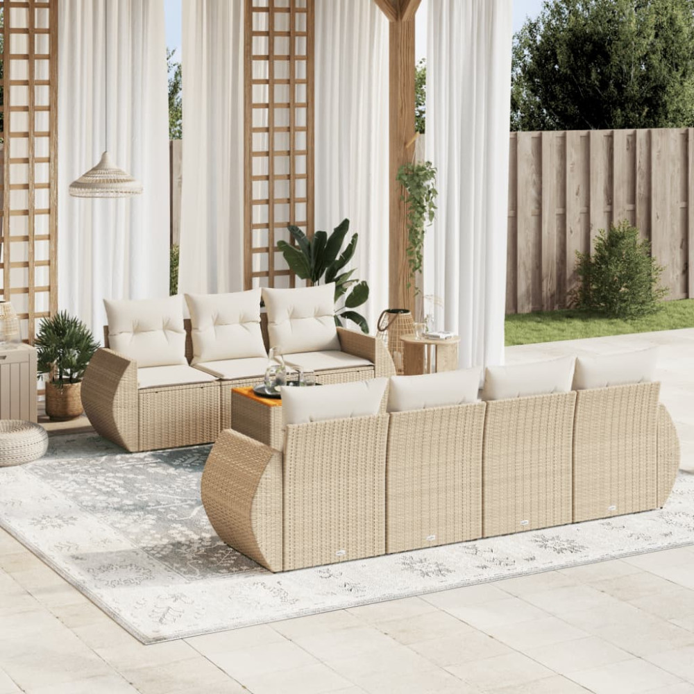 Produktbild för Matgrupp för trädgården med dynor 8 delar beige konstrotting