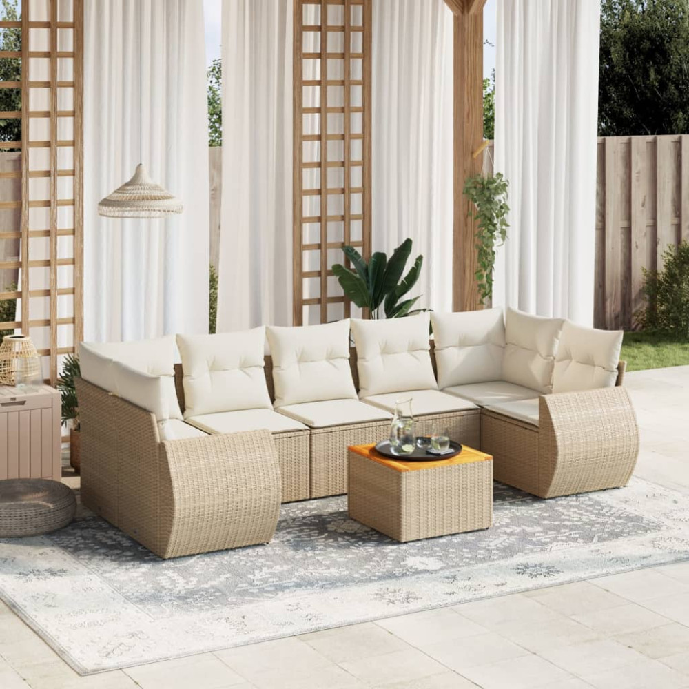 Produktbild för Matgrupp för trädgården med dynor 8 delar beige konstrotting