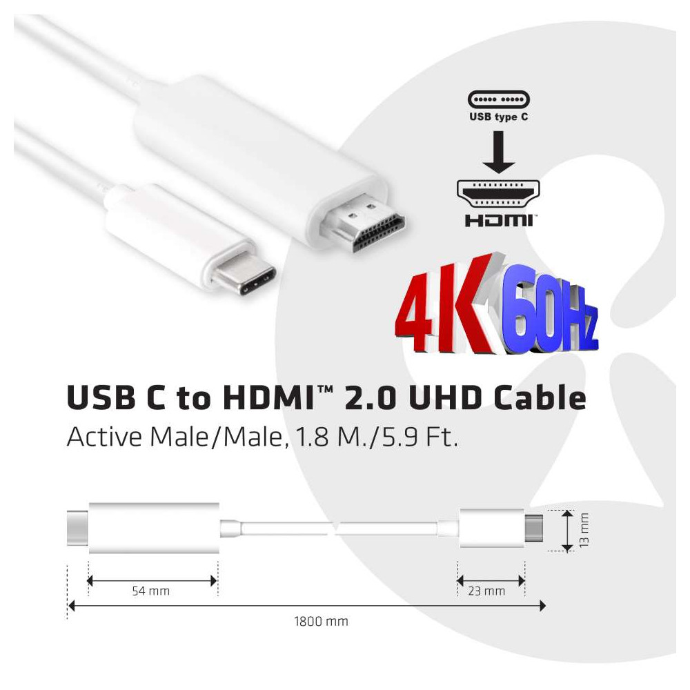 Produktbild för CLUB3D USB C to HDMI™ 2.0 UHD Cable Active 1.8 M./5.9 Ft.
