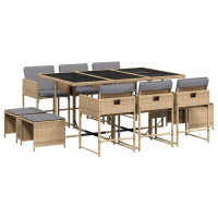 Produktbild för Matgrupp för trädgården med dynor 11delar mixbeige konstrotting