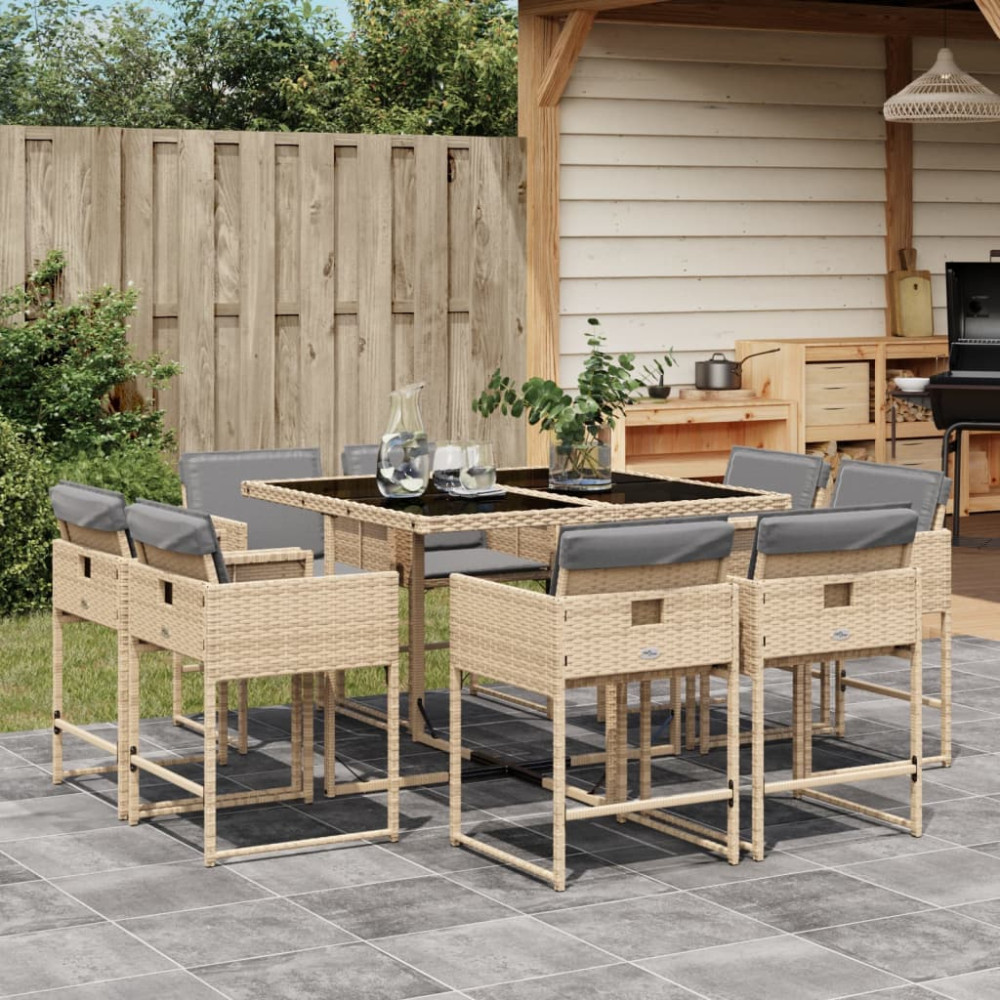 Produktbild för Matgrupp för trädgården med dynor 9 delar mixbeige konstrotting