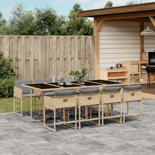 vidaXL Matgrupp för trädgården med dynor 9 delar mixbeige konstrotting