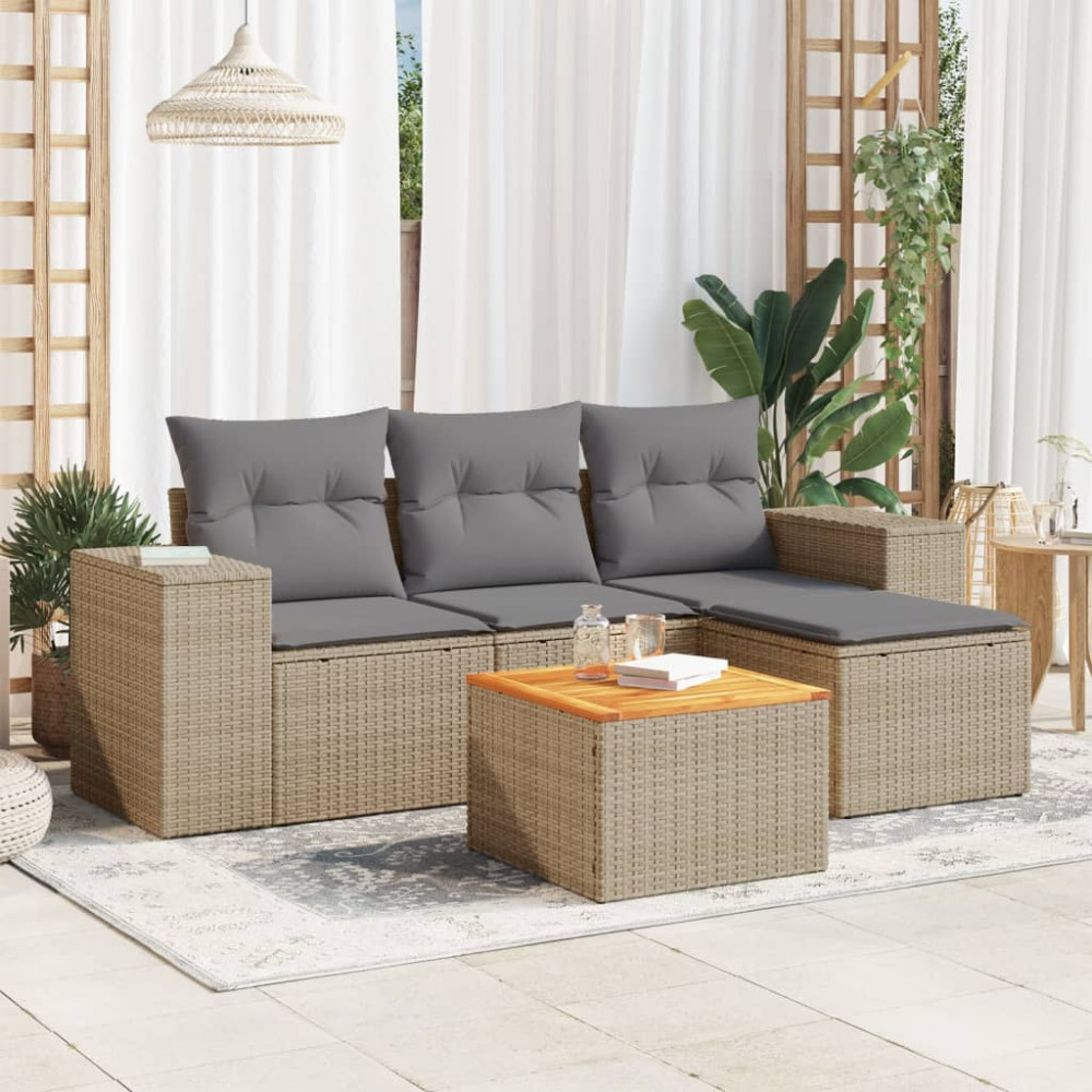 Produktbild för Soffgrupp för trädgården med dynor 5 delar beige konstrotting