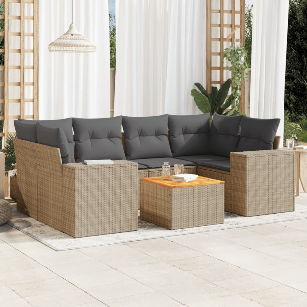 Produktbild för Matgrupp för trädgården med dynor 7 delar beige konstrotting