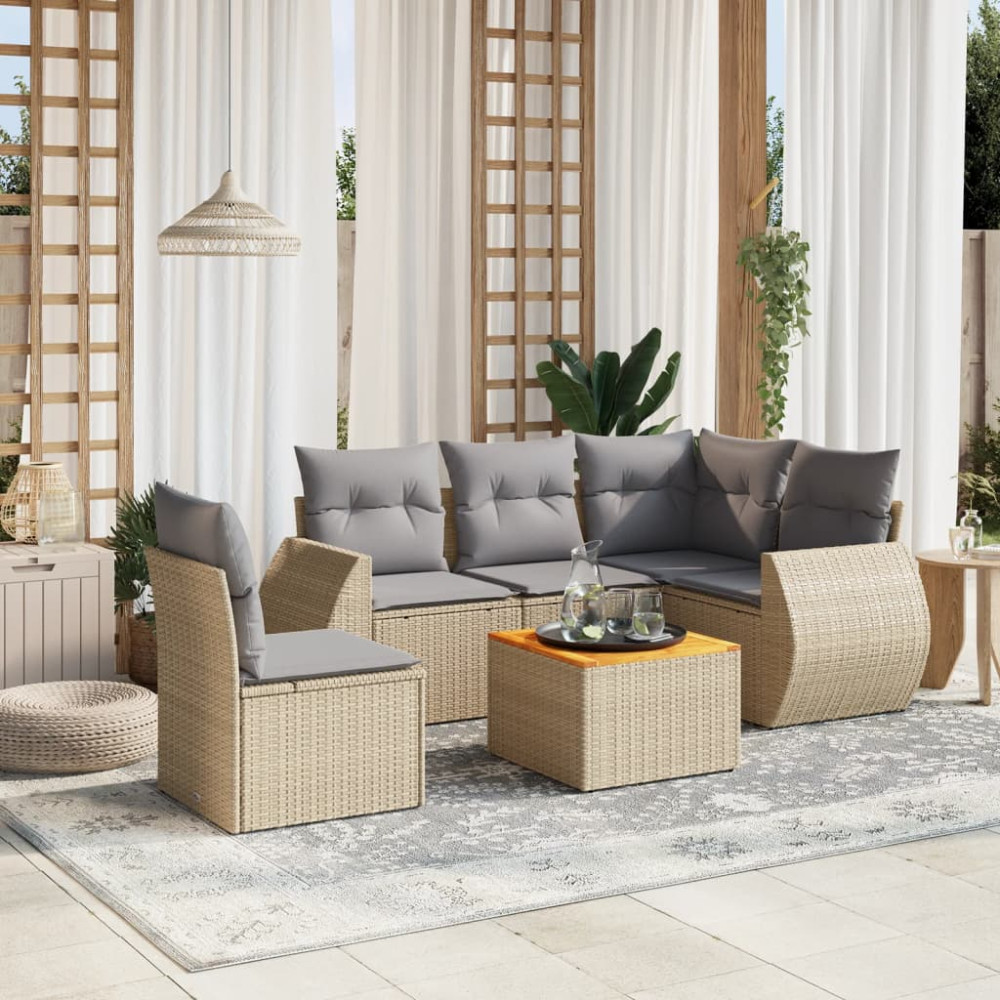 Produktbild för Soffgrupp för trädgården med dynor 6 delar beige konstrotting