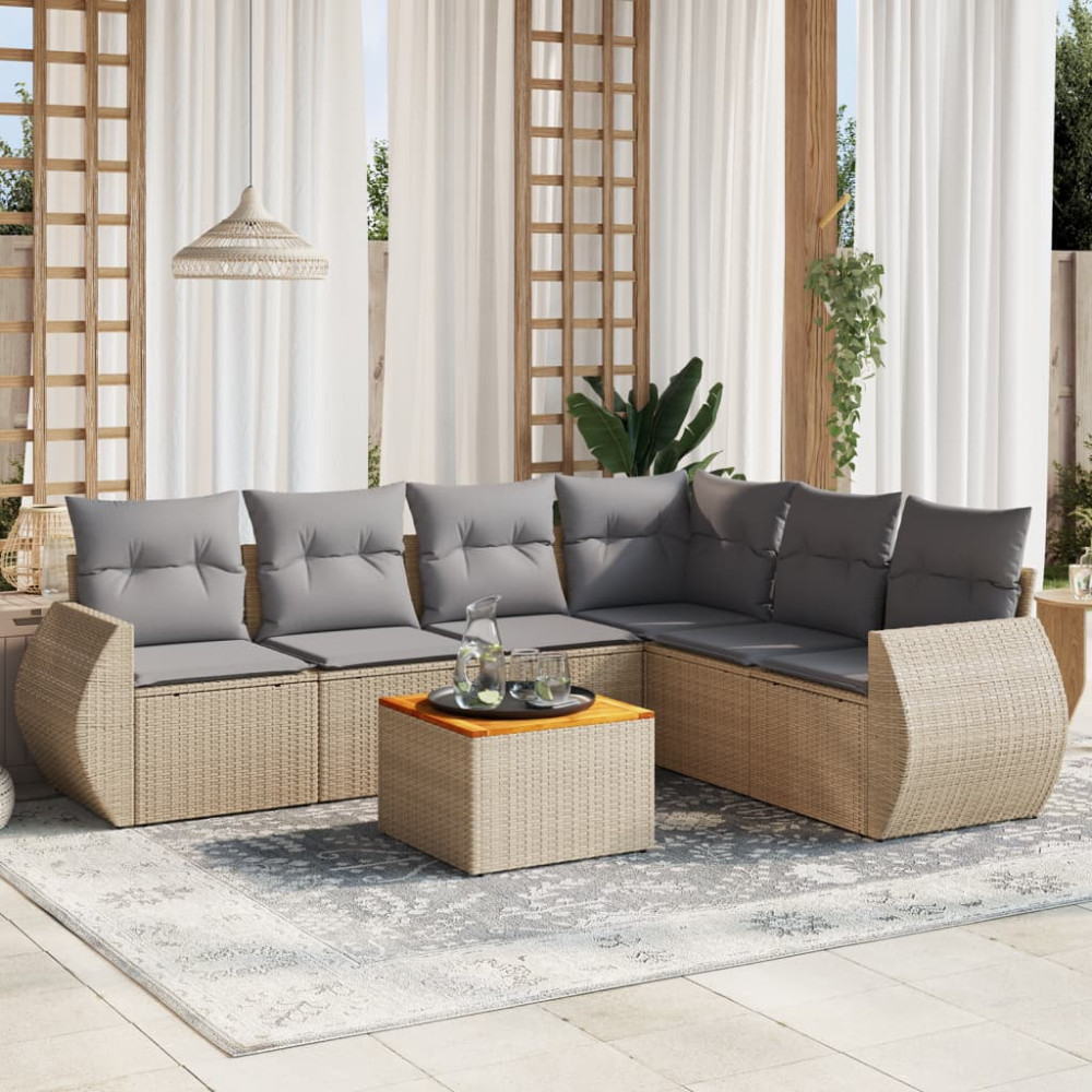 Produktbild för Matgrupp för trädgården med dynor 7 delar beige konstrotting