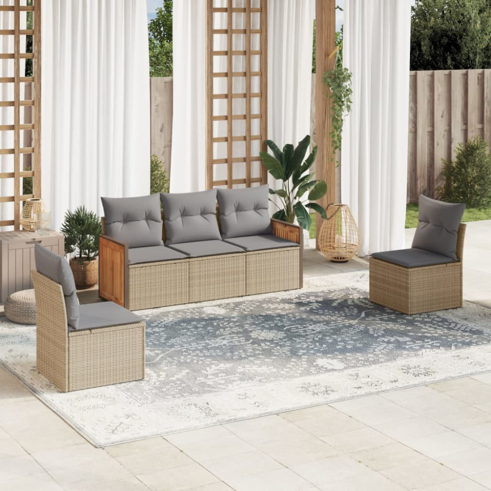 Produktbild för Soffgrupp för trädgården med dynor 5 delar beige konstrotting