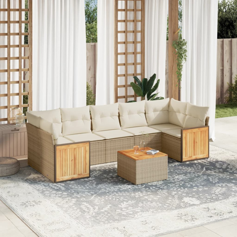 Produktbild för Matgrupp för trädgården med dynor 8 delar beige konstrotting