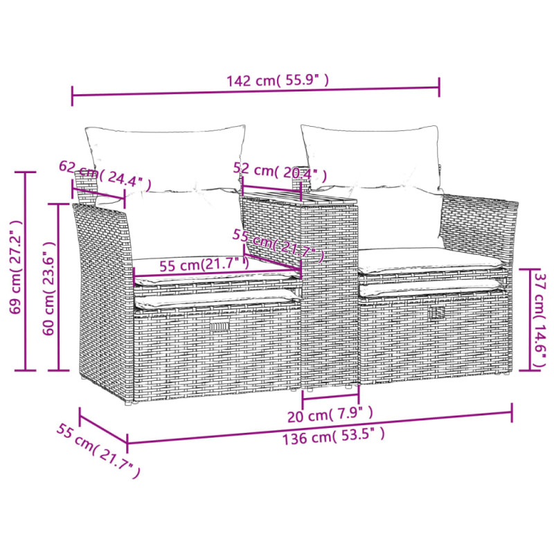Produktbild för Trädgårdssoffa 2-sits med pallar grå konstrotting