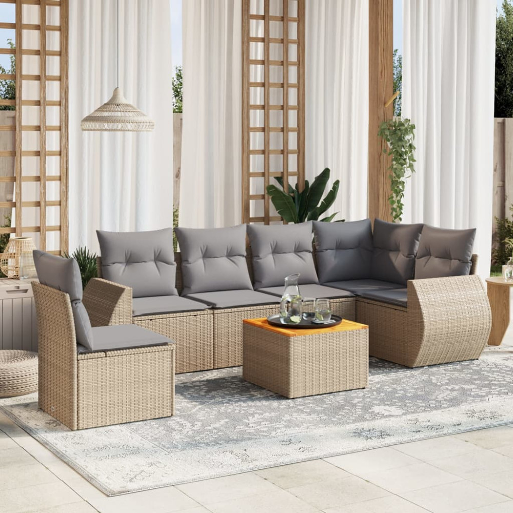 Produktbild för Matgrupp för trädgården med dynor 7 delar beige konstrotting