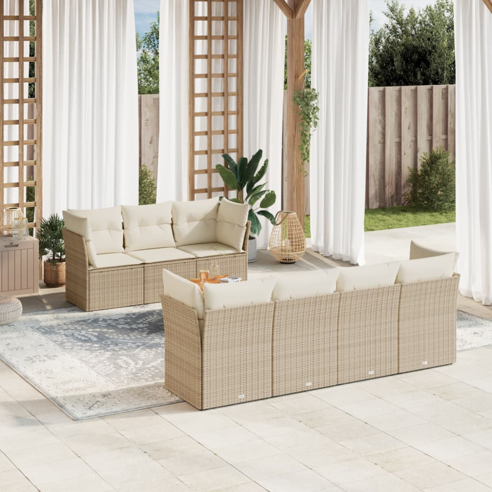 Produktbild för Matgrupp för trädgården med dynor 8 delar beige konstrotting