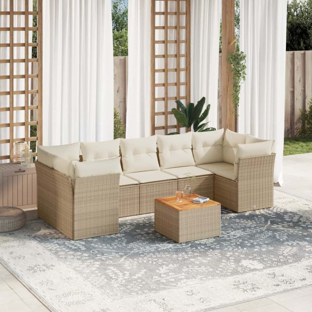 Produktbild för Matgrupp för trädgården med dynor 8 delar beige konstrotting