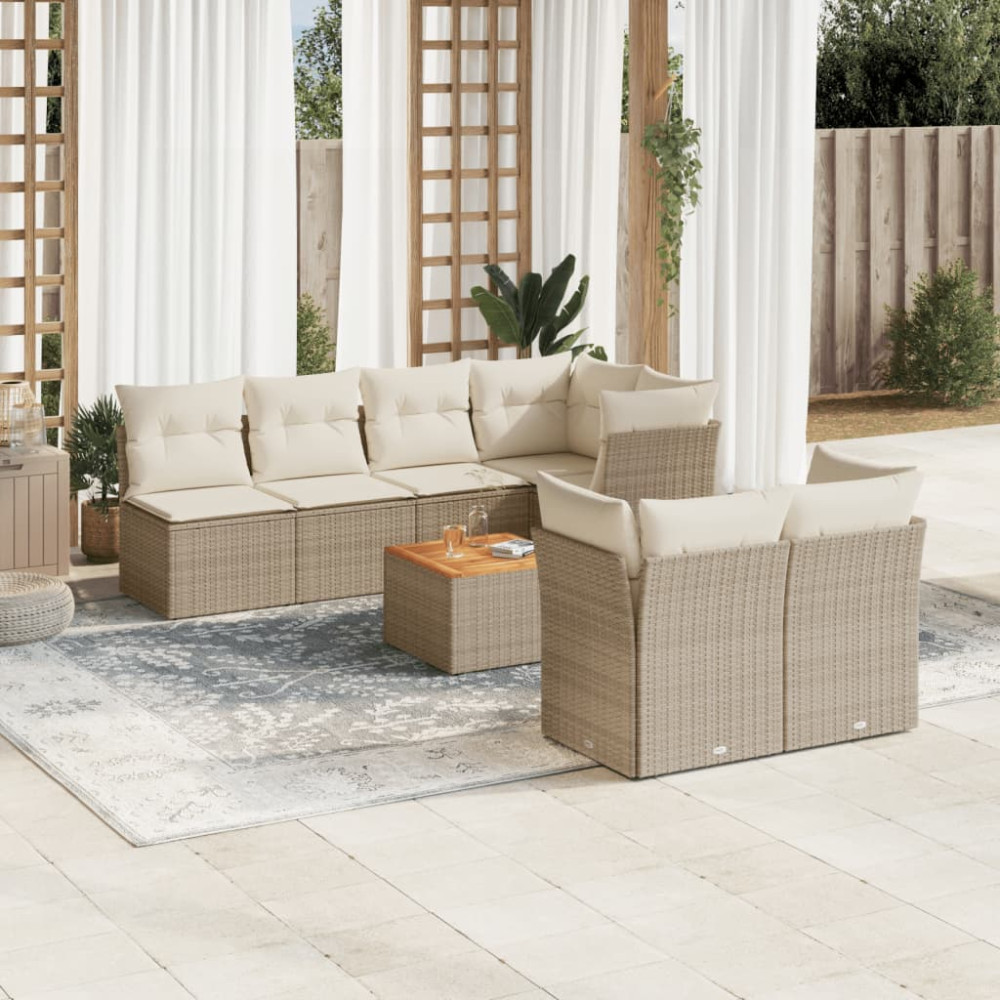 Produktbild för Matgrupp för trädgården med dynor 8 delar beige konstrotting